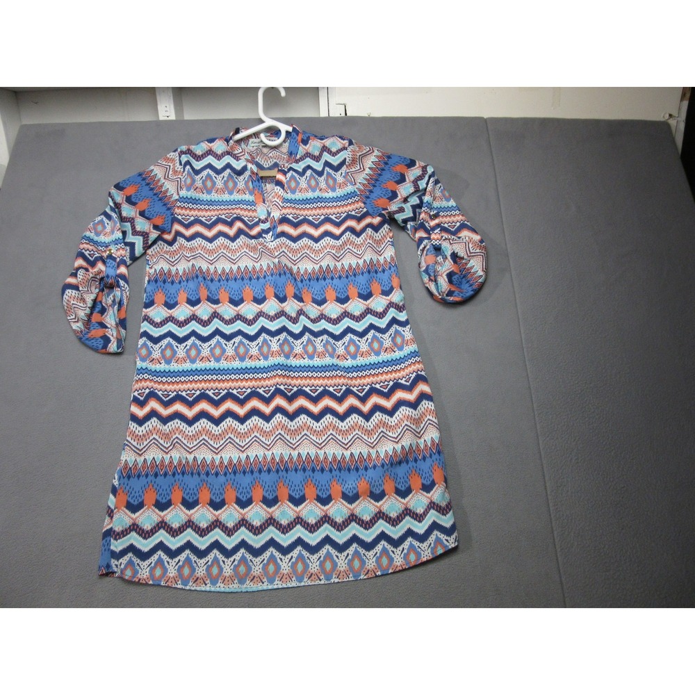 Almost Famous Shift Dress Juniors XL Blue Chevron Boho 3/4 Sleeve V Neck